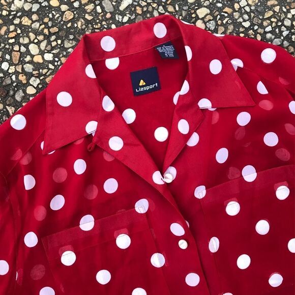 Vintage 1990s faux silk polka dot blouse red white - Picture 3 of 6